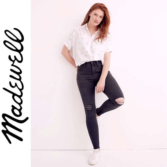 Madewell 9" High Rise Skinny Jeans in Black Sea Raw Hem Distressed Boho H2230 27 - Picture 3 of 16